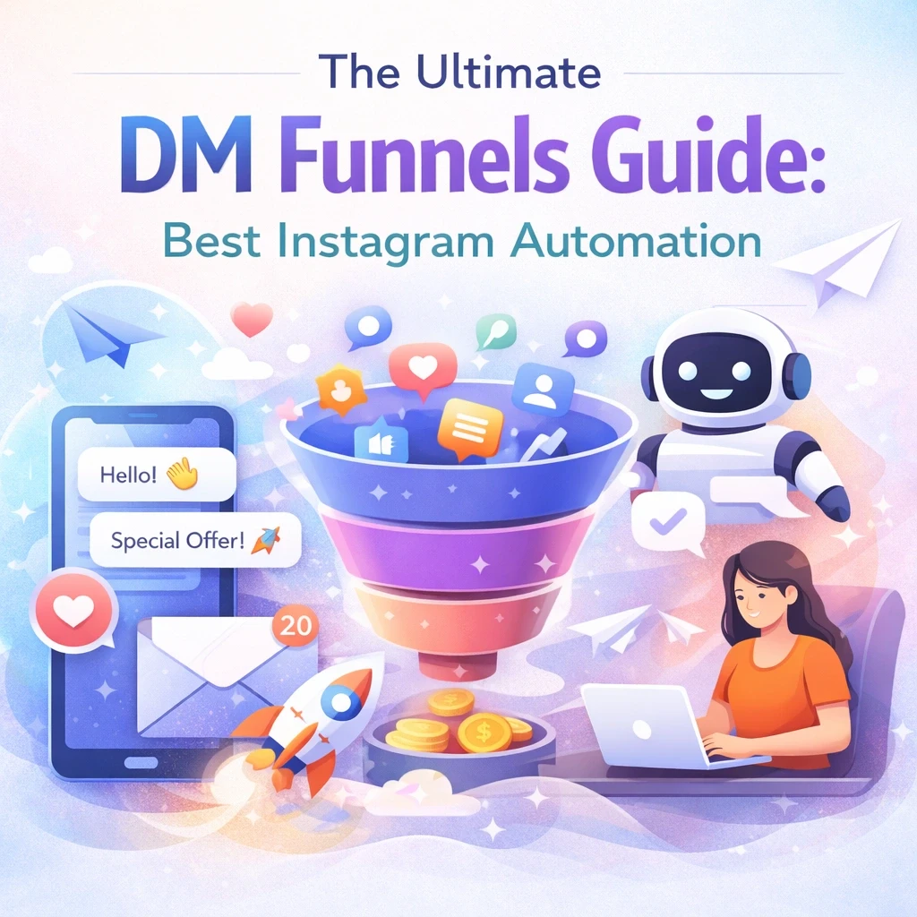 Professional blog header illustration for “The Ultimate DM Funnels Guide: Best Instagram Automation,” showing an Instagram DM sales funnel with chat bubbles, automation bot, smartphone messages, icons flowing into a conversion funnel, and a creator working on a laptop on a light, modern UI background.