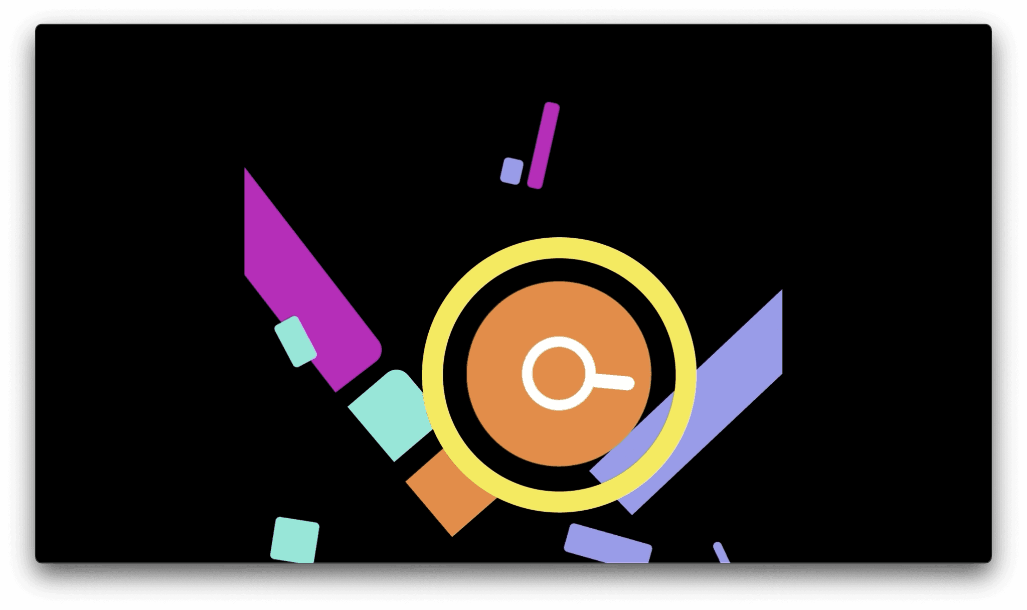 Motion design reel still. A search icon shape inside a circle segmenting shapes into smaller shapes.