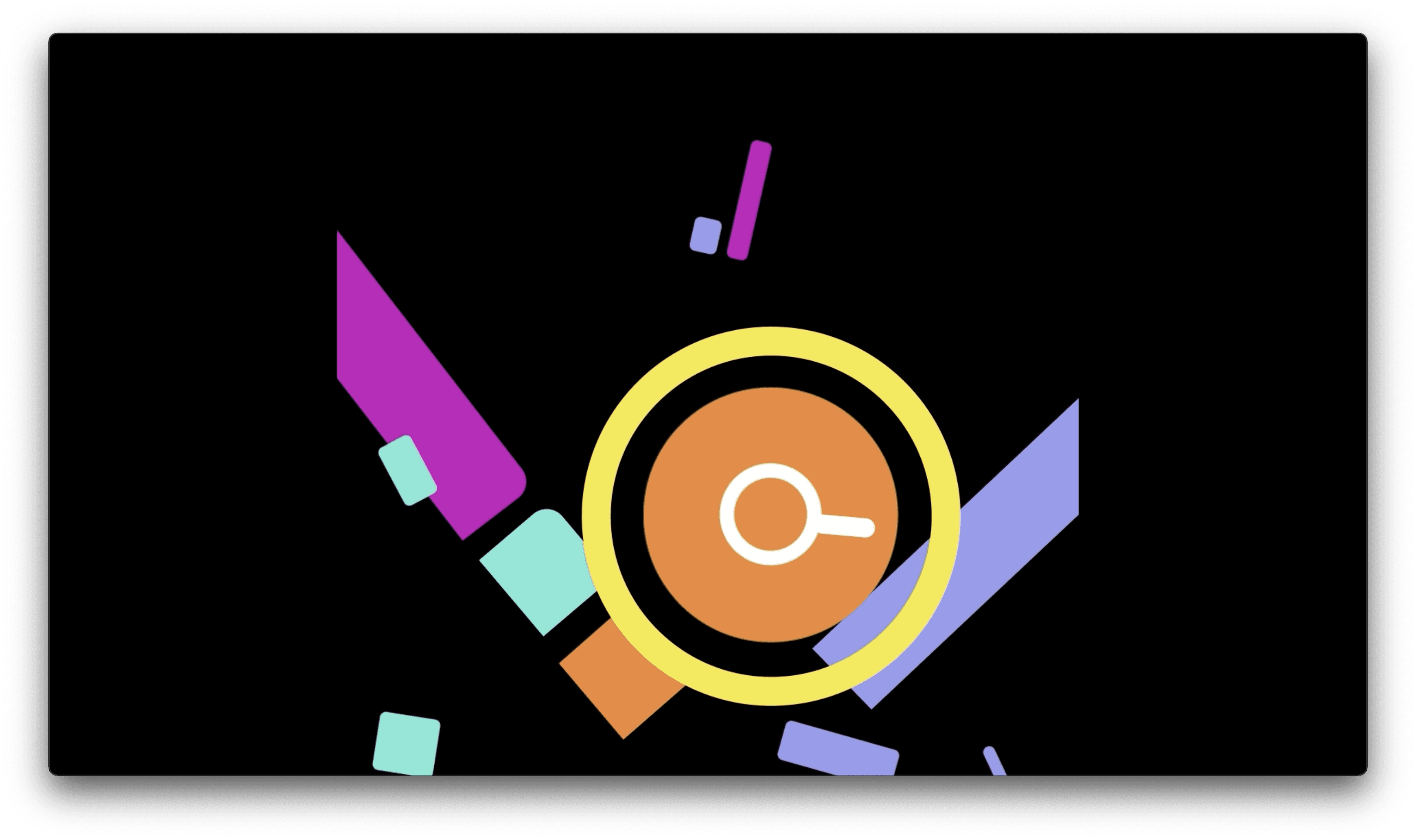 Motion design reel still. A search icon shape inside a circle segmenting shapes into smaller shapes.