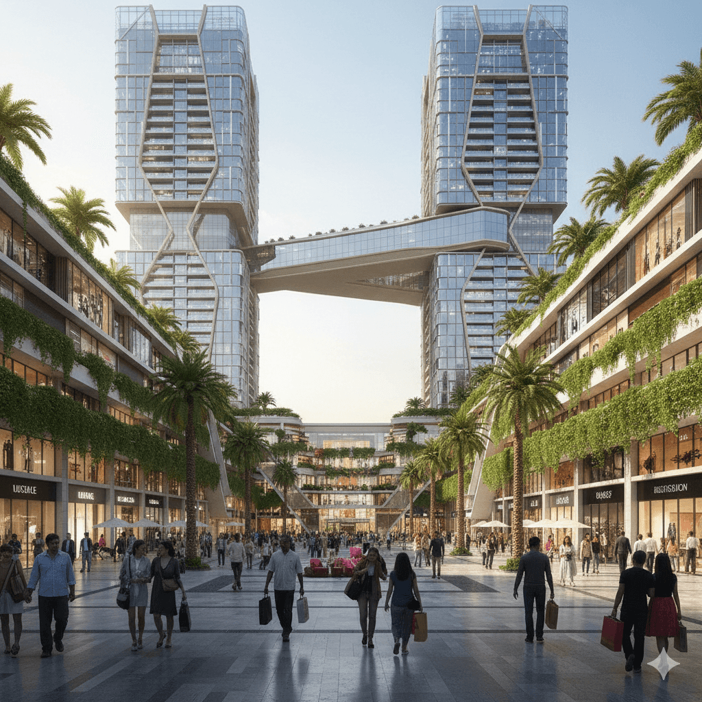 Luxury open-air shopping boulevard with designer storefronts, M3M project, Faridabad Road