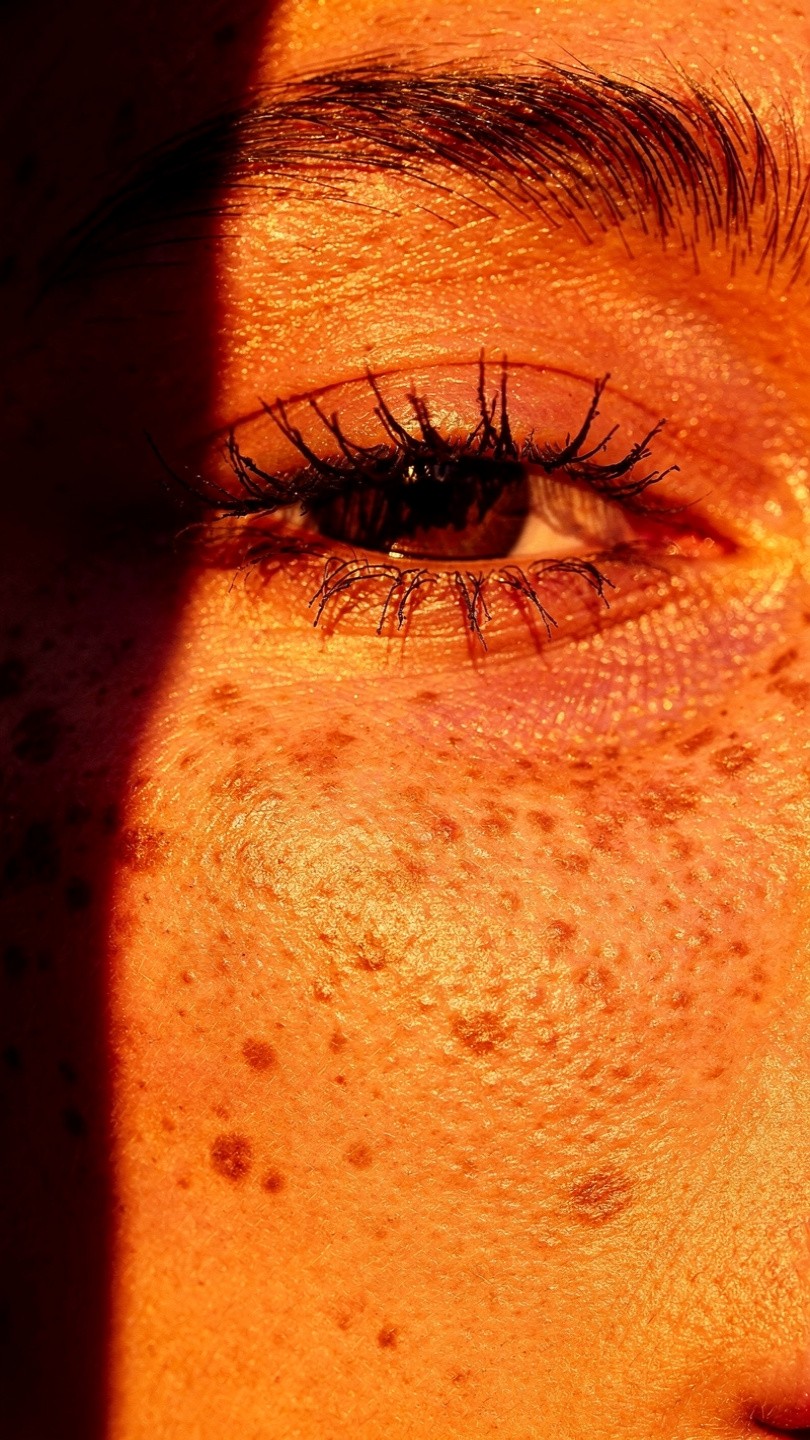 Close-up of a person's freckled face, focusing on one eye under dramatic light casting a shadow. The image conveys warmth and intrigue.