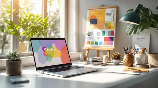 Stylized illustration of business professionals and a humanoid robot interacting with digital dashboards displaying analytics and profiles