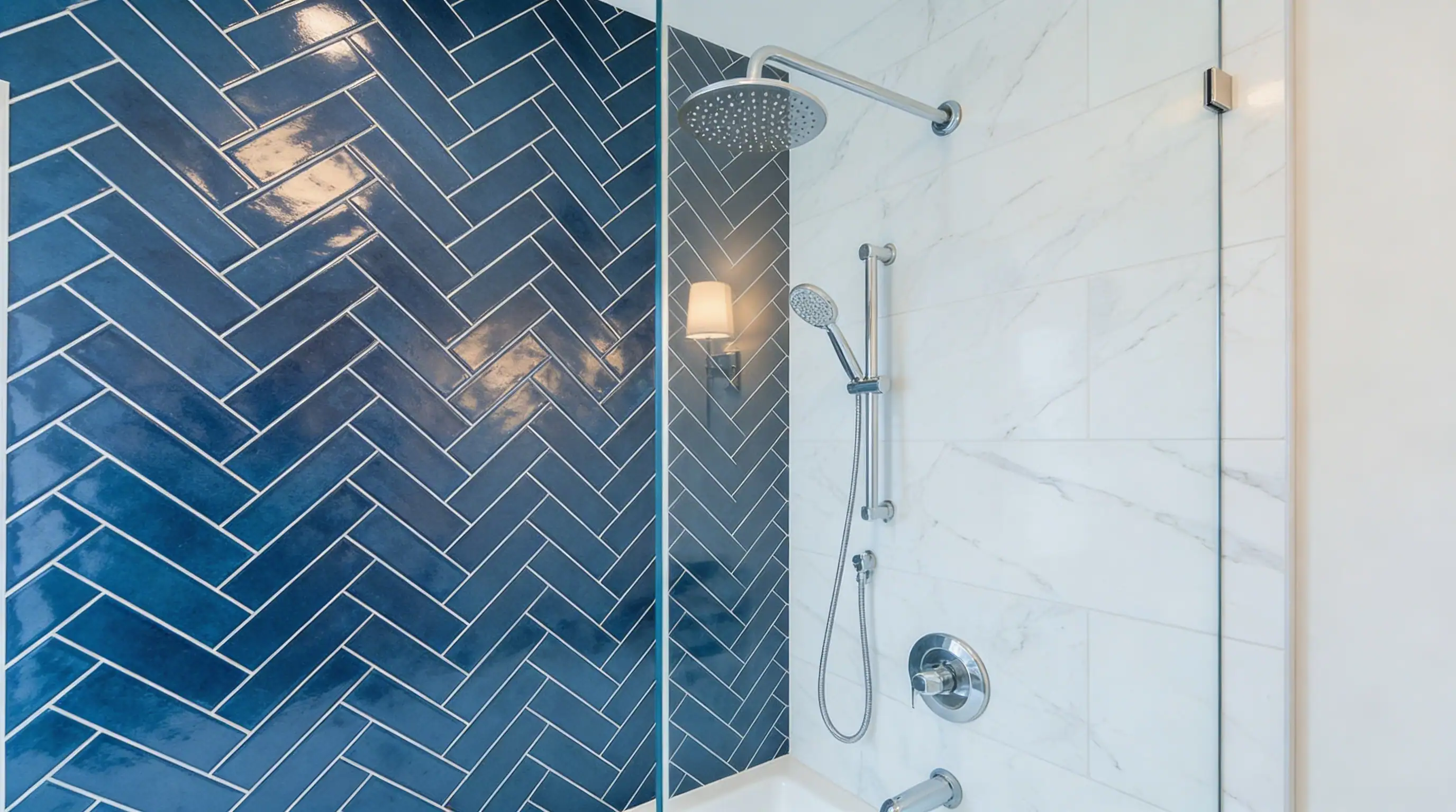 Shower detail in Vancouver Custom Homes' West 16th multiplex with navy blue herringbone accent tile, marble surround, rain shower head, and frameless glass enclosure