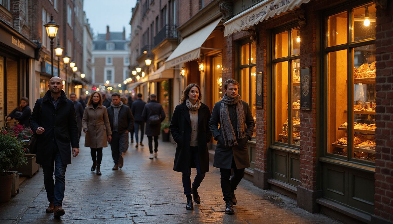 A lively Covent Garden street scene captures autumnal evening strolls.