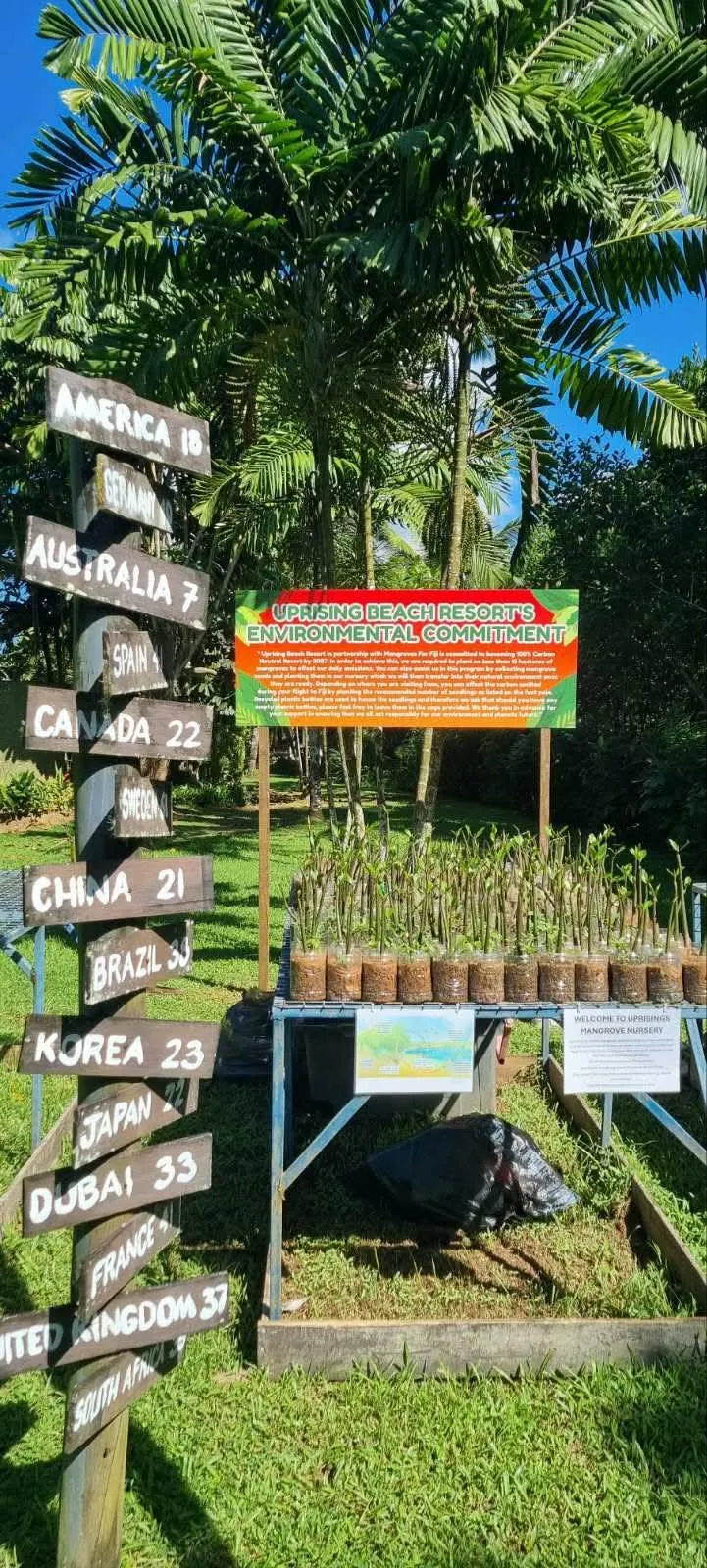 A mangrove planting group observes a sign that points in many directions of the world, labelling their distance from that exact post marker