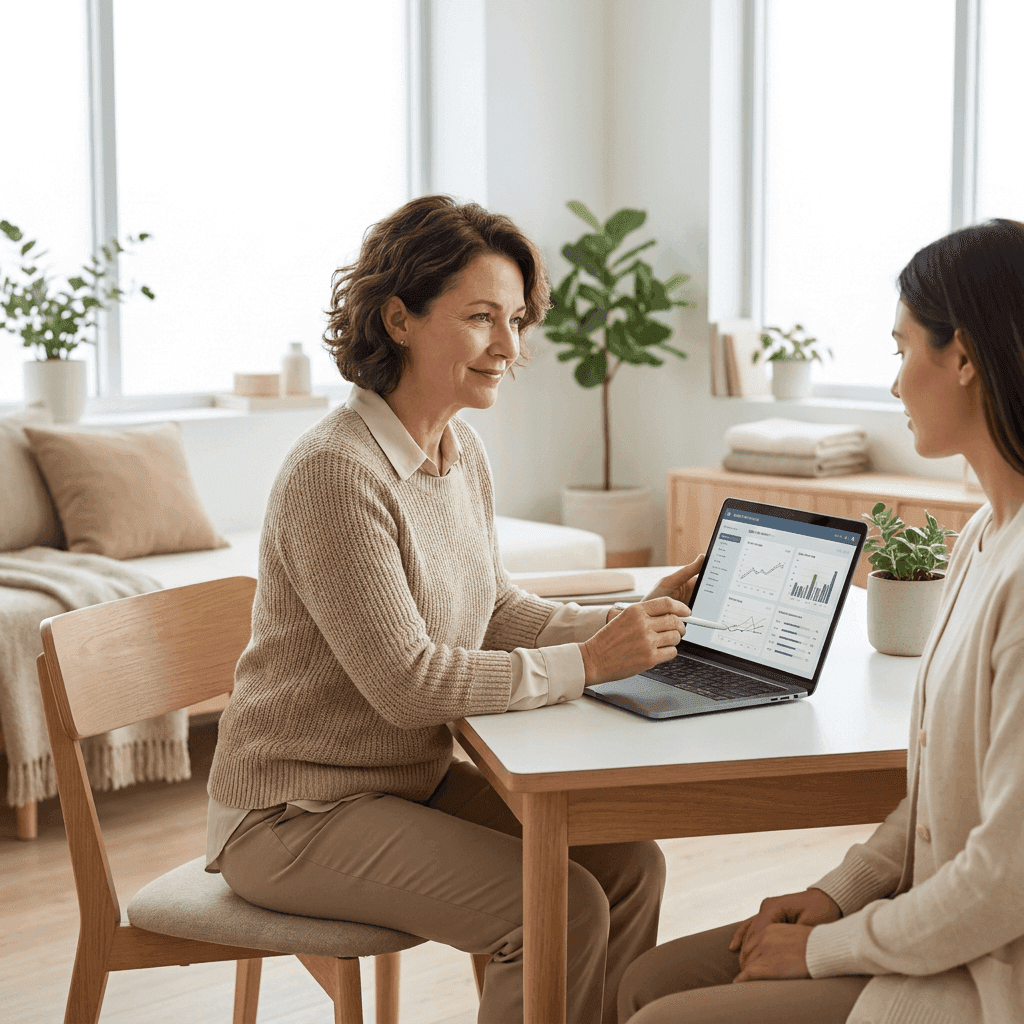 A doctor views her patient's health records during an appointment. 