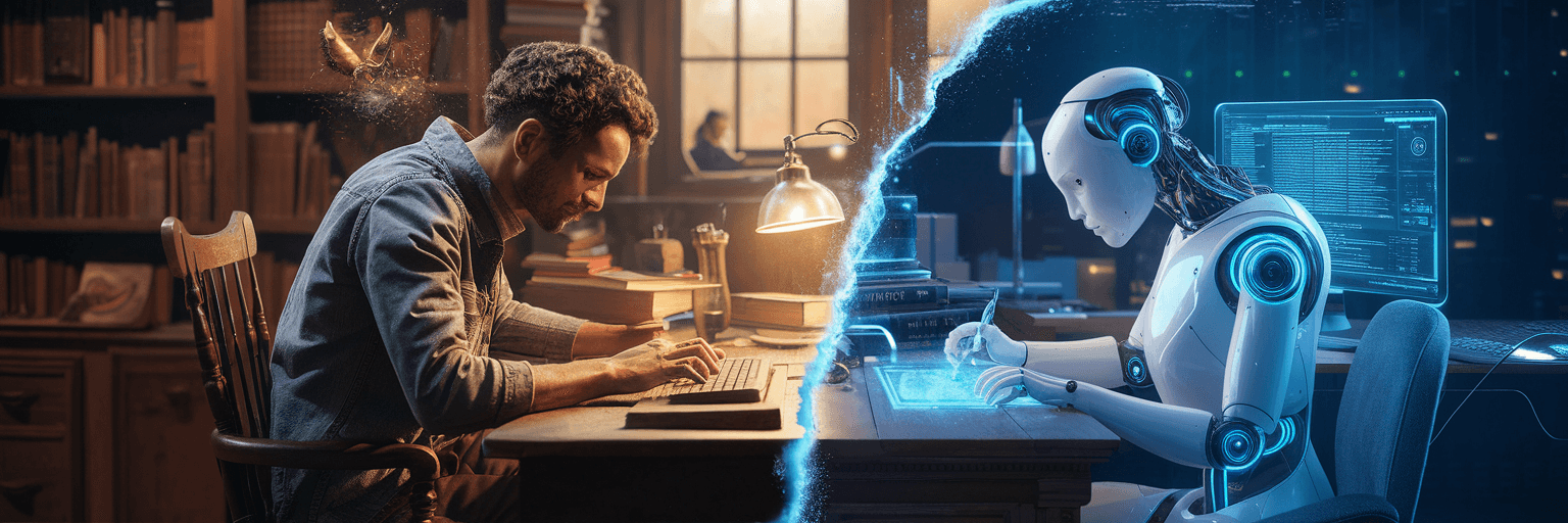 A split image showing a human writer on one side, typing at a traditional desk surrounded by books, and on the other side, a futuristic AI robot at a similar desk, writing digitally on a transparent screen. 