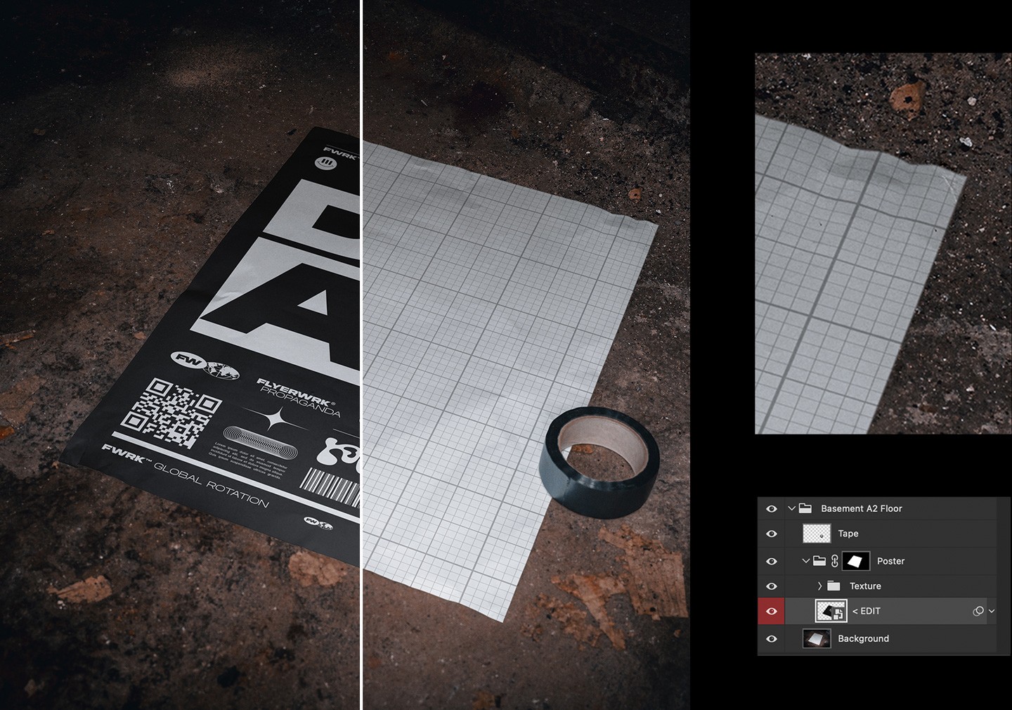 Basement A2 poster mockup smart object editing and layered Photoshop file preview