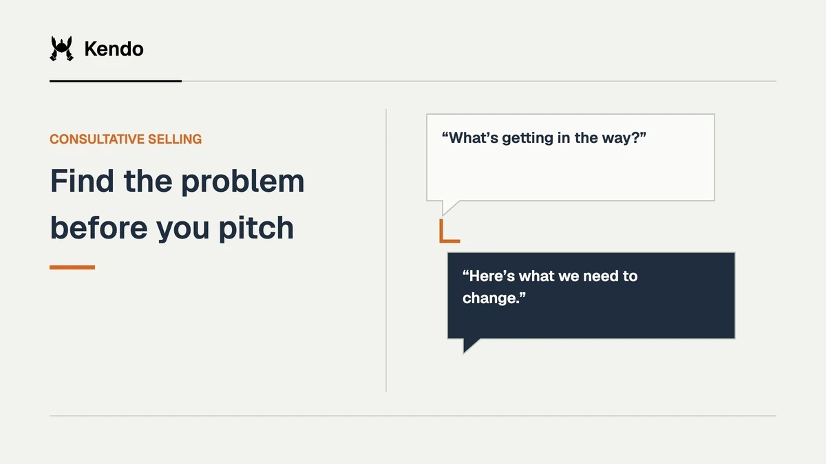 Find the problem before you pitch. Two conversation cards exchange “What’s getting in the way?” and “Here’s what we need to change.”