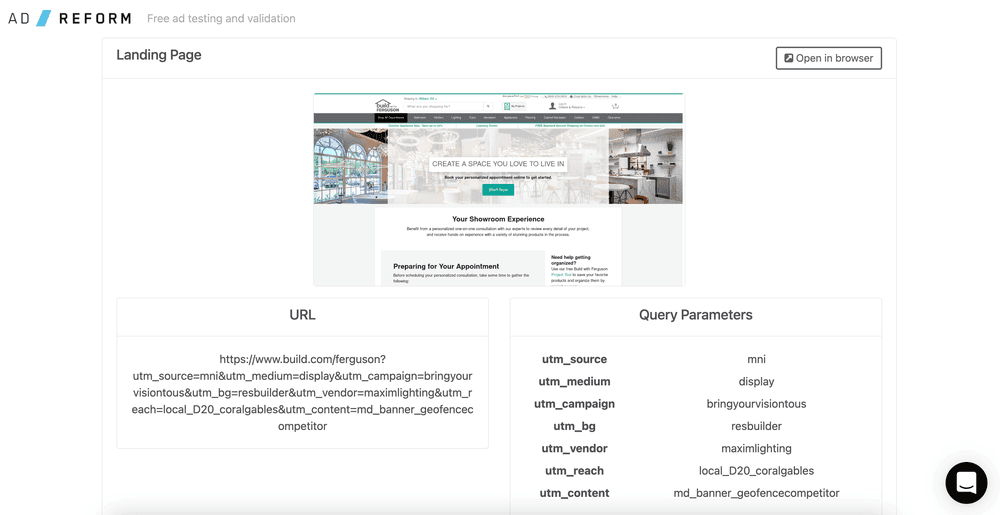 testing the ad landing page, URL, and query parameters. Previewads.com