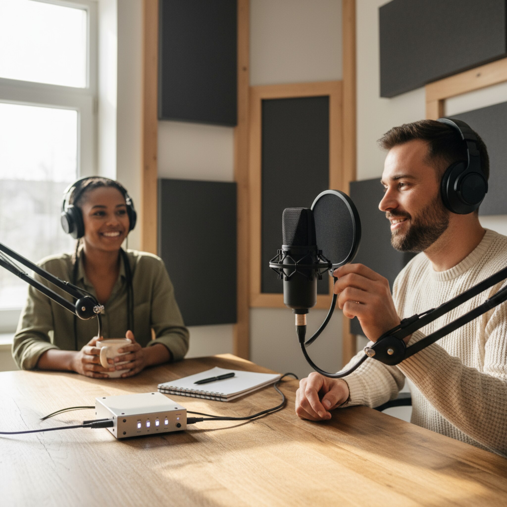 Warmes Licht fällt durch das Fenster eines Tonstudios auf ein Großmembran-Mikrofon. Ein Moderator richtet den Popschutz, atmet ruhig ein und nickt seinem Gast kurz zu. Akustikpaneele dämpfen den Raum und schaffen trockenen Klang. Die Atmosphäre ist fokussiert, leise und professionell vorbereitet.