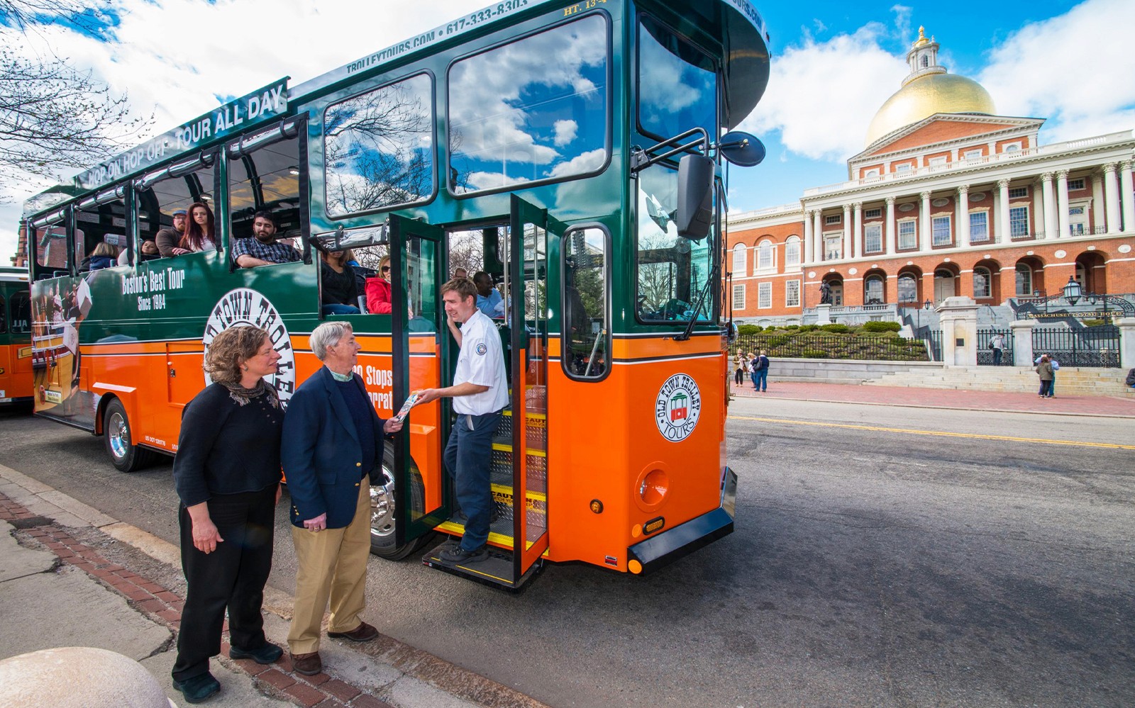 Boston Old Town Trolley Tour in front of Massachusetts State House.