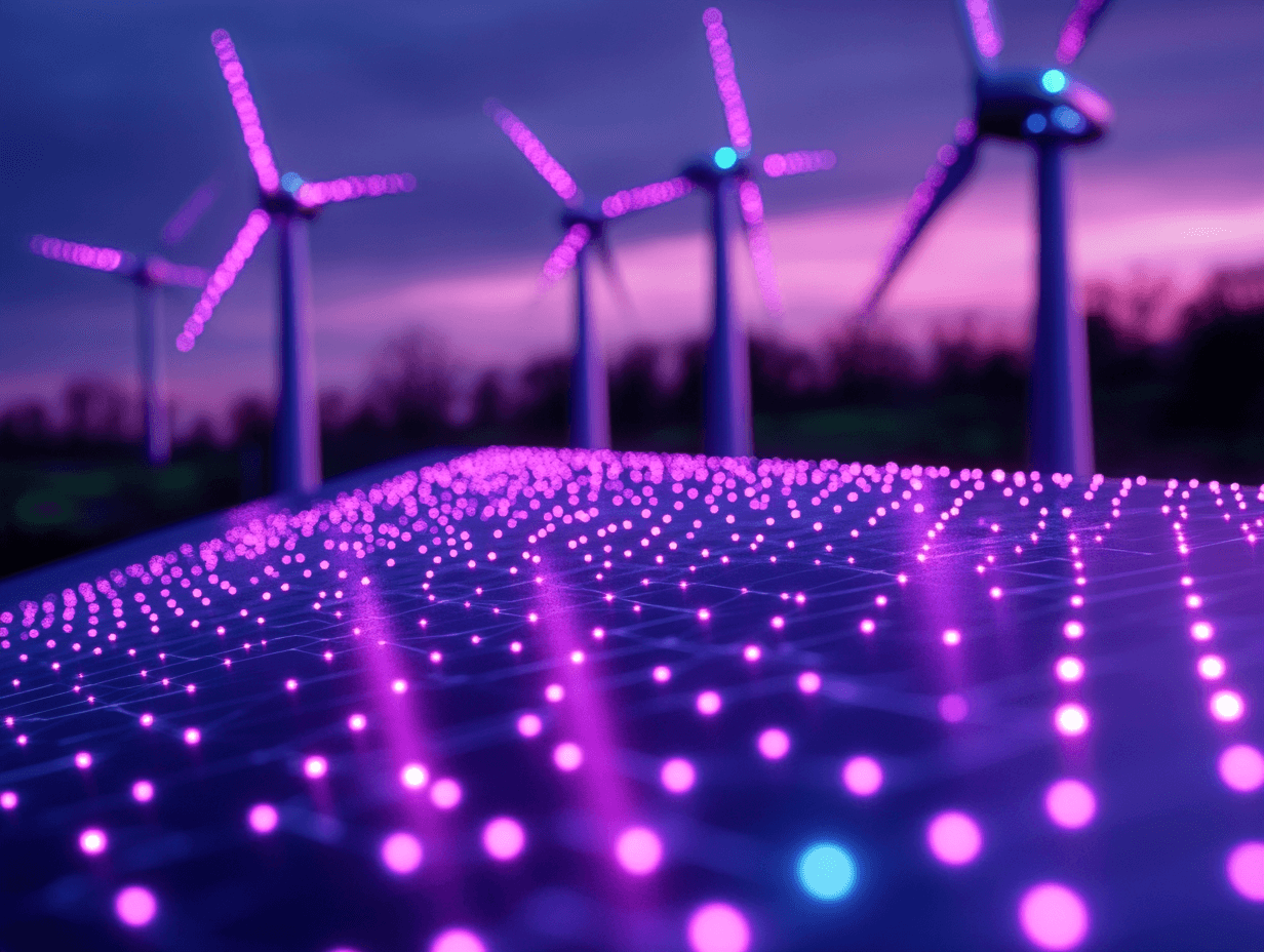 Windkraftanlage überlagert von Illustration von KI-gestütztem Energiemanagement