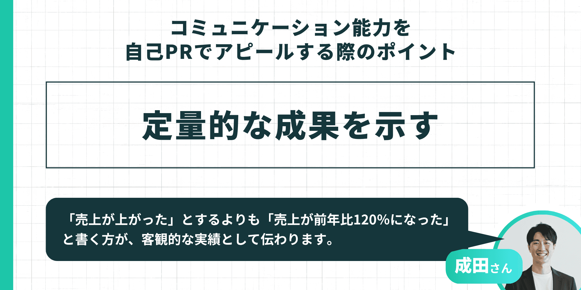 コミュニケーション能力を自己PRでアピールする際のポイント：定量的な成果を示す。「売上が前年比120%になった」のように数字で客観的な実績として伝えることが効果的という成田さんのアドバイス