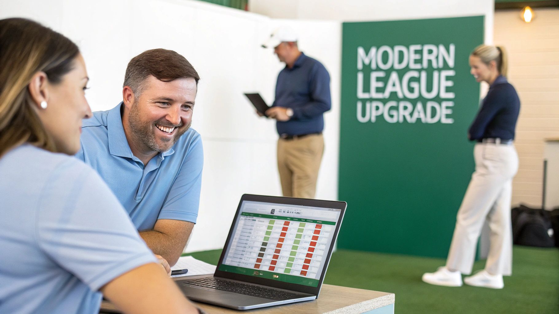 Smiling man and woman review golf league software on a laptop in a modern setting.