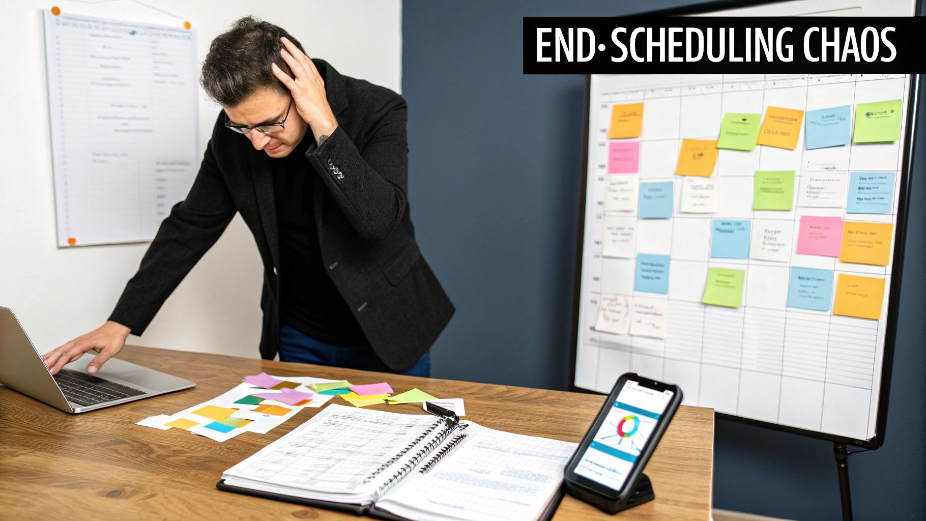 Stressed man trying to manage a chaotic schedule with sticky notes and a laptop.