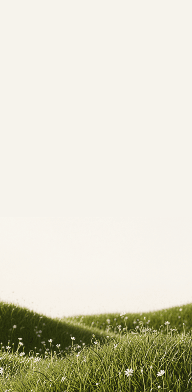 A serene, minimalist 3D landscape of soft, rolling hills covered in lush green grass and small white daisies. The hills have a smooth, velvety texture and are set against a soft, bright cream sky, creating a calm and natural atmosphere