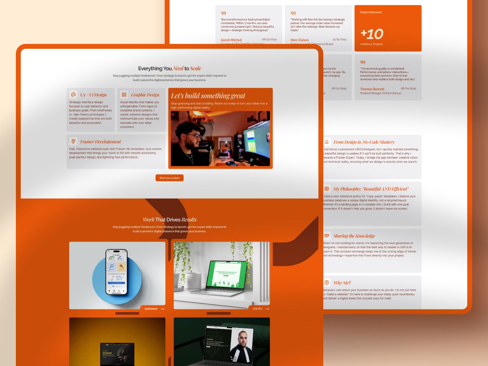 omepage d'OrangeFolio, template Framer designé et développé par Ilies MANATA, Développeur Expert Framer & Ux / Ui Designer, Freelance, Nord