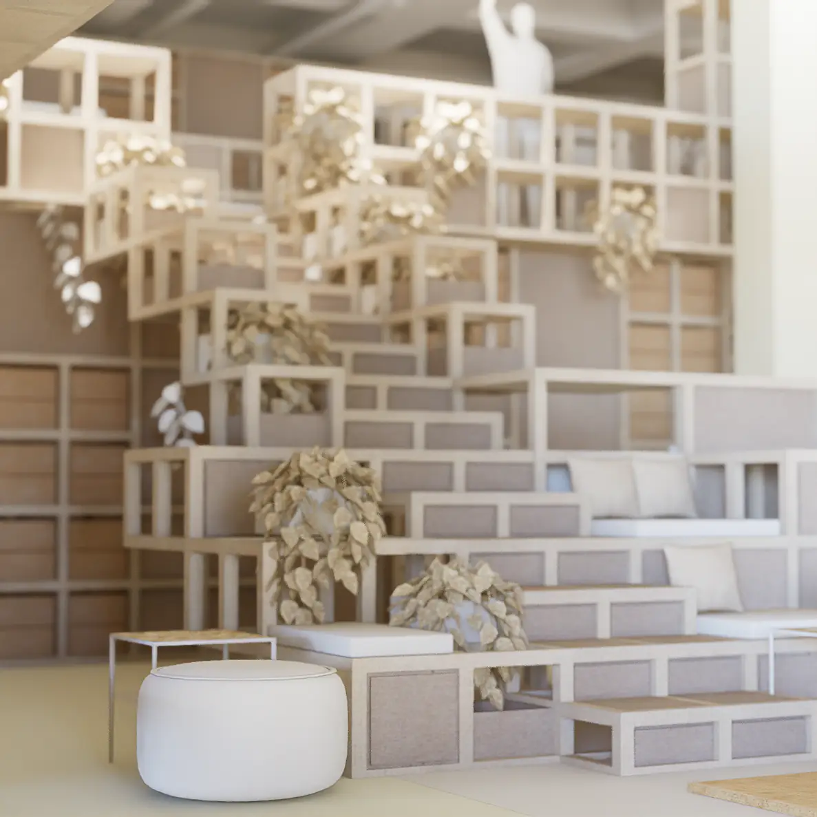 Stepped seating built from shelving modules