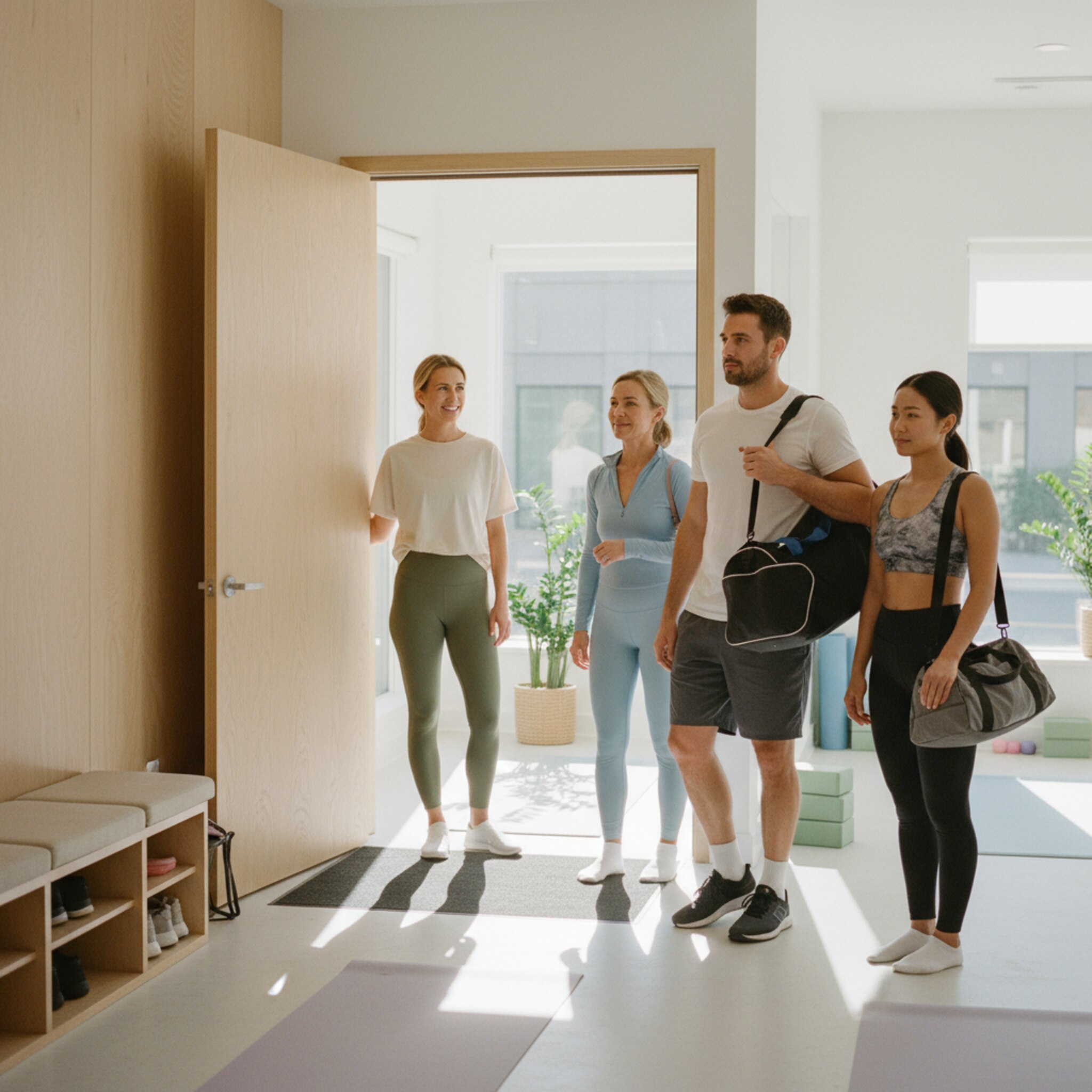Ein Trainer begrüßt eine kleine Gruppe am Eingang eines Studios, Sporttaschen über der Schulter. Sonnenlicht fällt durch große Fenster auf die Mattefläche, im Hintergrund wartet ein ruhig vorbereiteter Kursraum. Lächelnde Gesichter zeigen Vorfreude auf das gemeinsame Training. Die Szene wirkt geordnet und einladend.