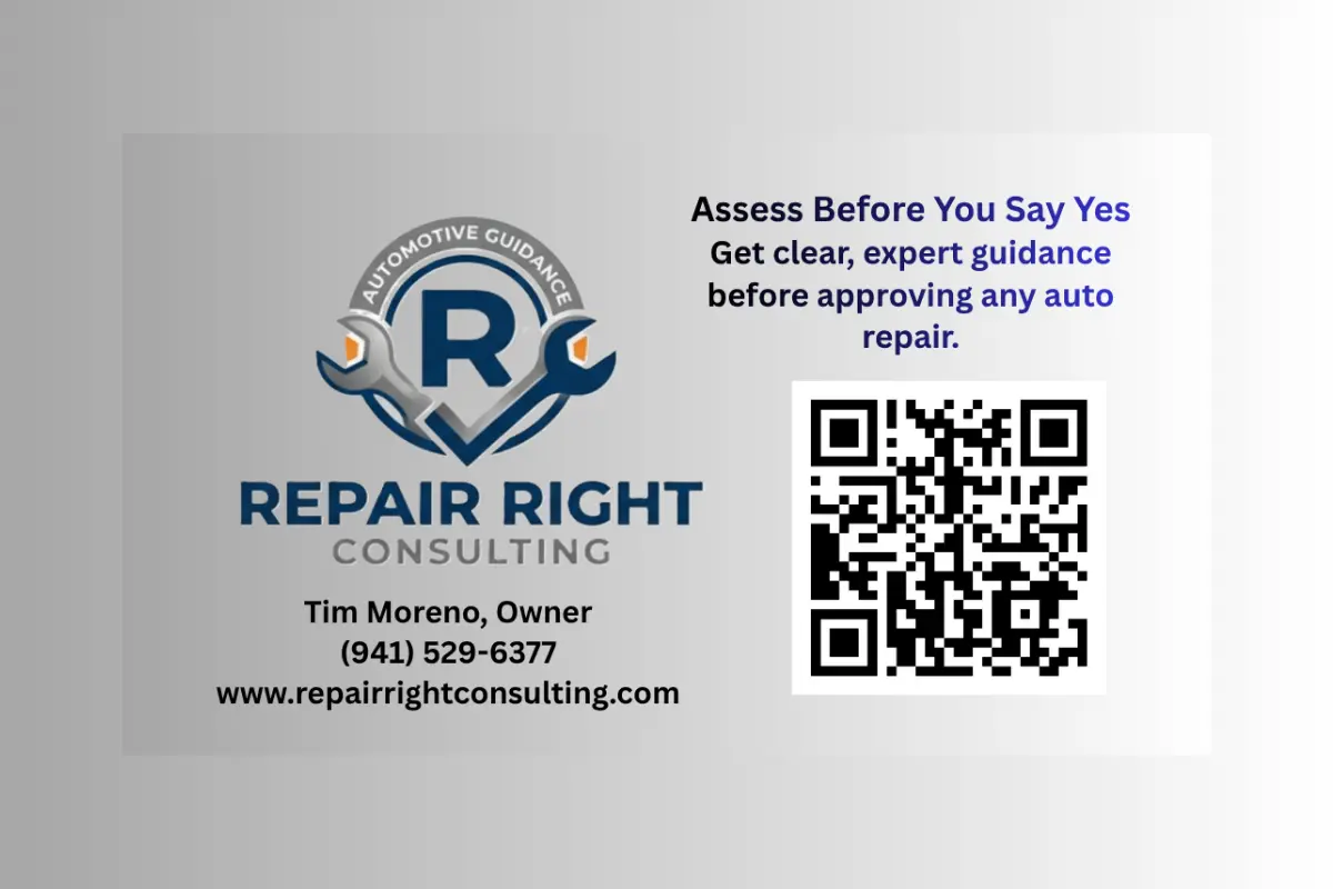 The business card for "Repair Right Consulting" features a logo with a stylized blue "R" and wrench, contact information for owner Tim Moreno, and a QR code next to text promoting expert automotive guidance in Bradenton, FL.