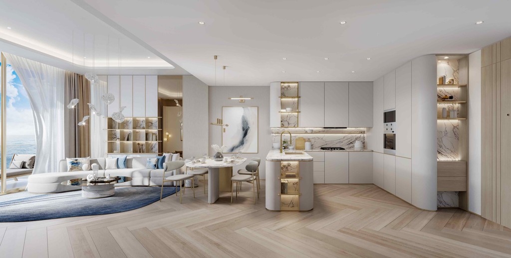 Stylish living room showcasing a pool table and dining table, part of the Sunset Bay Grand.