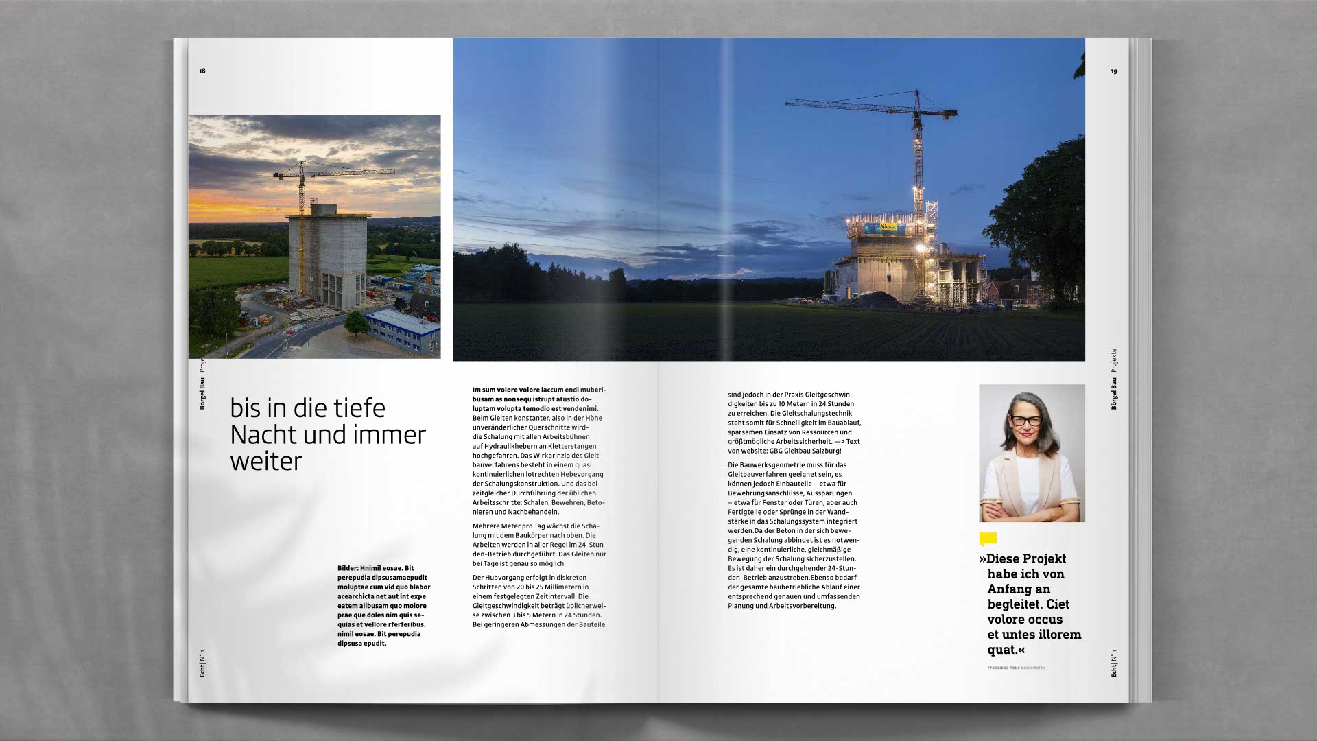 Doppelseite mit Projektbericht aus dem Bereich Ingenieurbau – übersichtlich strukturiert, mit Bild-Text-Komposition und pointierter Farbführung.