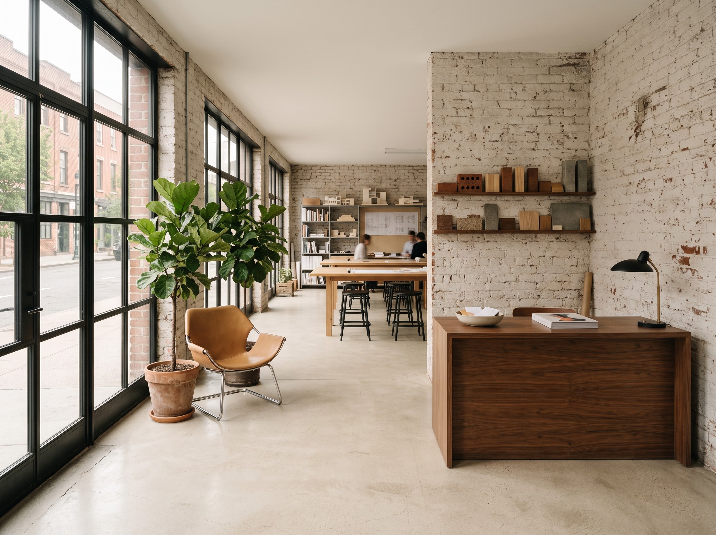  simple reception desk in walnut, a single sculptural chair, a large potted plant,