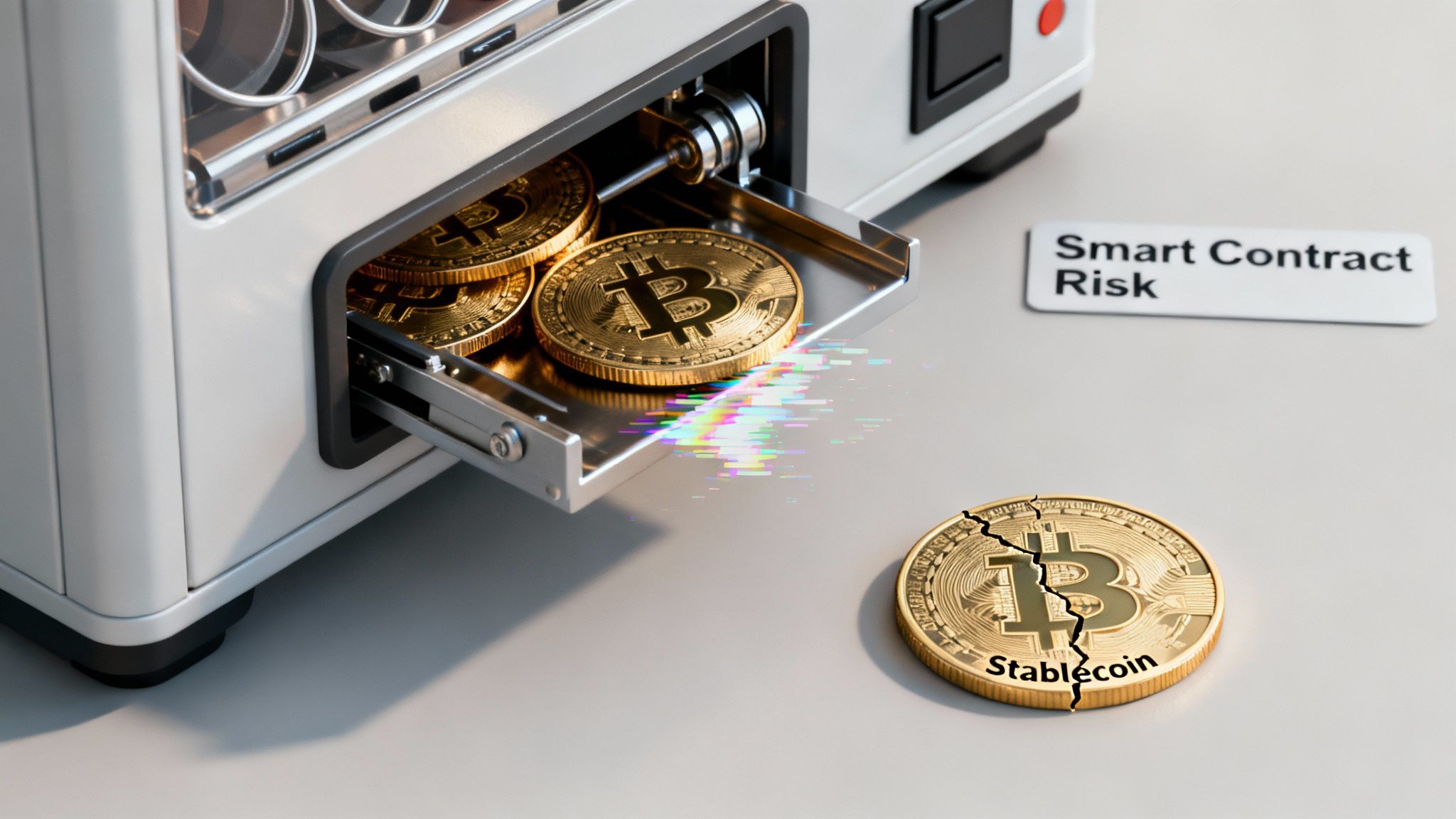 Golden Bitcoin coins, one broken 'Stablecoin', with glitch effects and 'Smart Contract Risk' label.