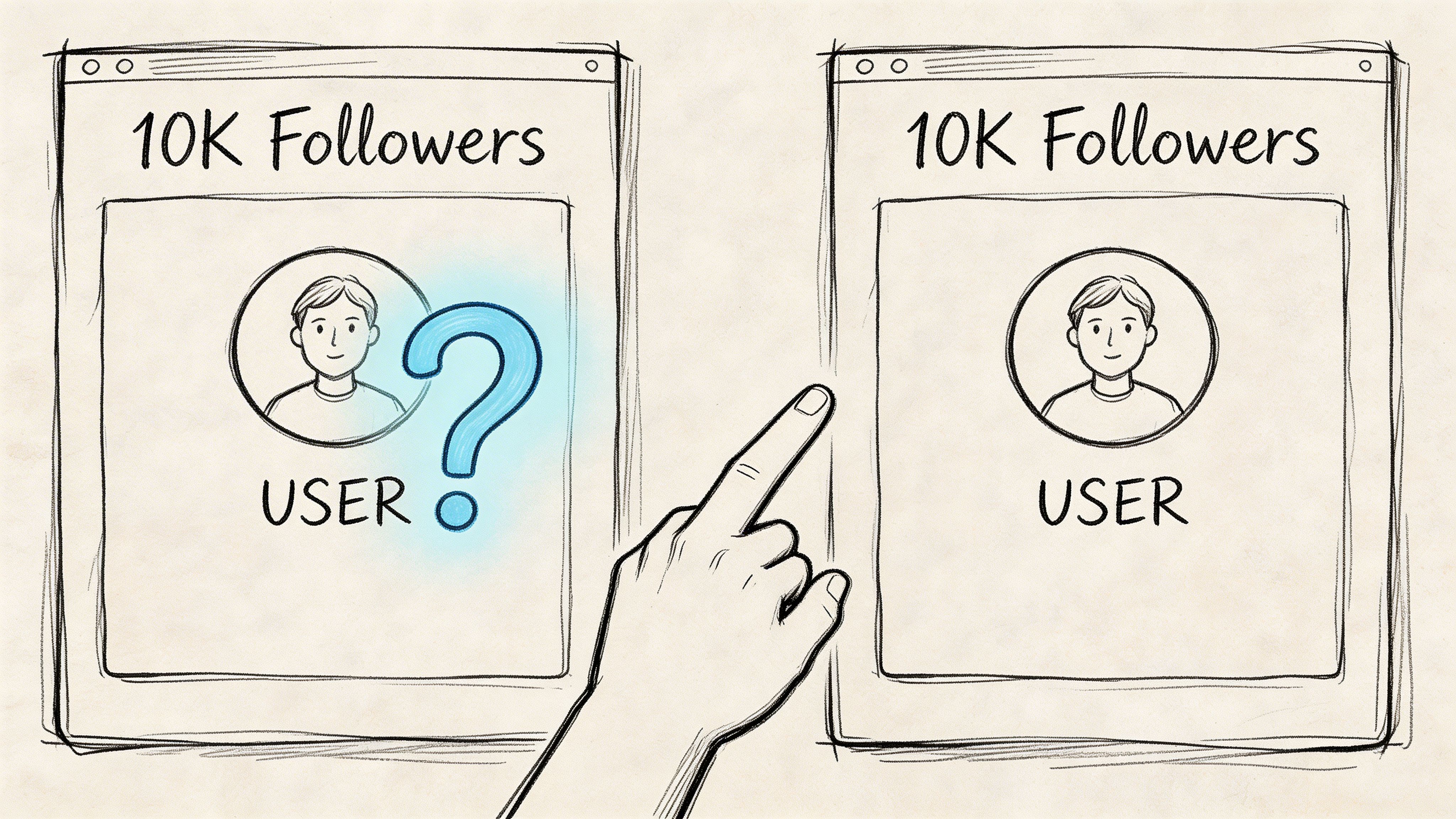 A hand pointing at a social media profile with 10k followers compared to an unknown user profile.