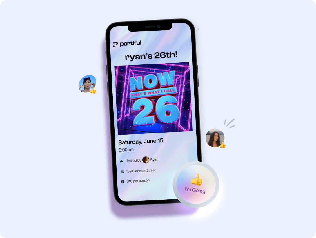Image of a smartphone displaying an event page with vibrant graphics and social media icons around it.