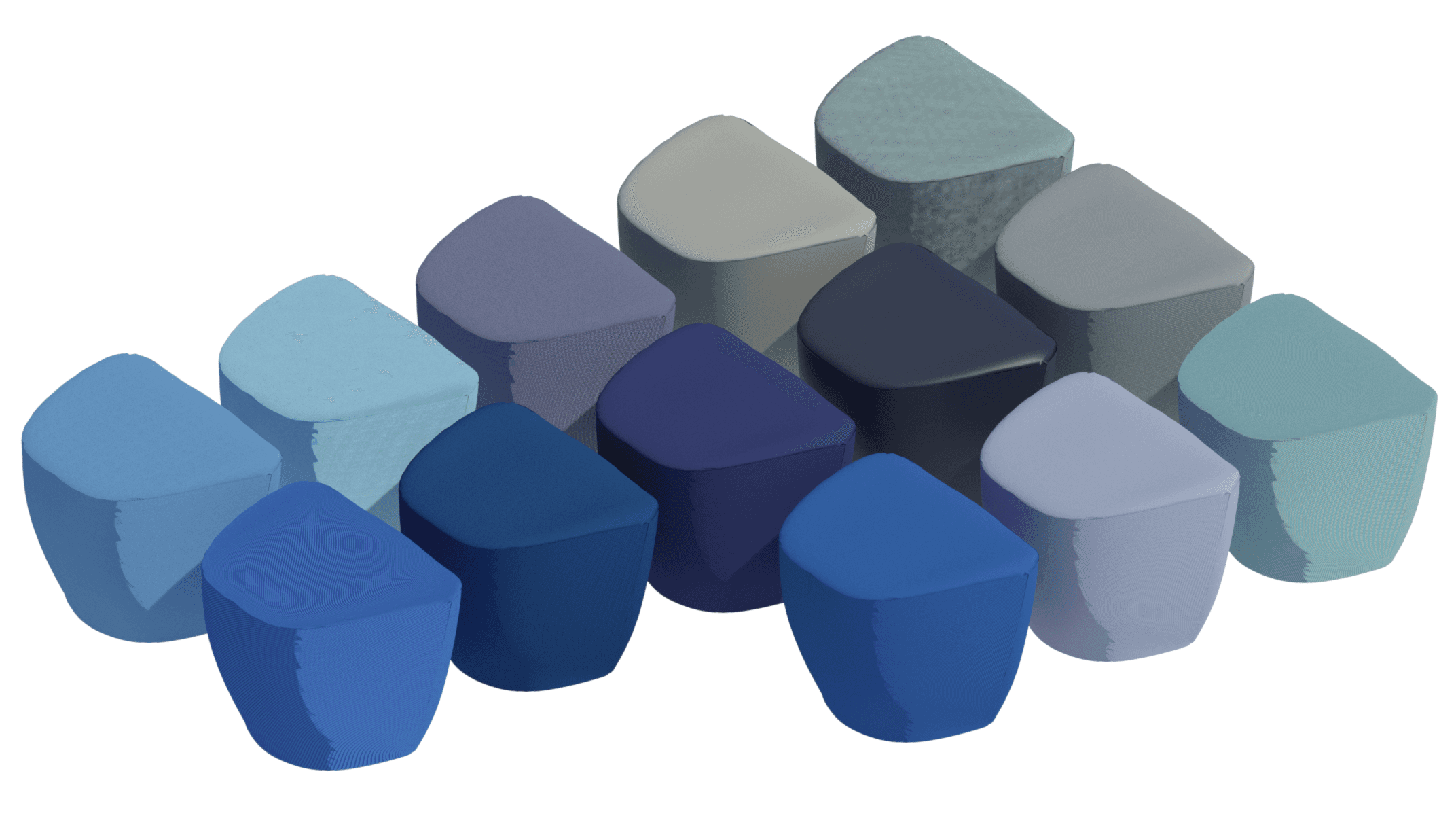 Yonda Stool showing shades of blue in 13 different material groups - Remix, Pitch, Morph, Era, Blend, Steelcut Trio, Re-wool, Nova, Leather, Credo, Oceanic, Lona and Cyber.