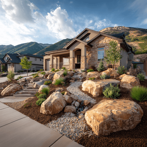 Modern xeriscape front yard in Brigham City, Utah