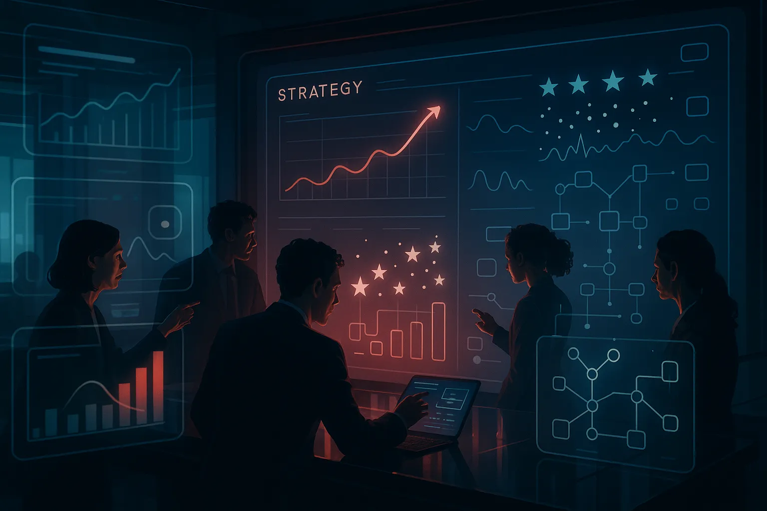 RockN' Socials team strategizing in a high-tech digital marketing setting.