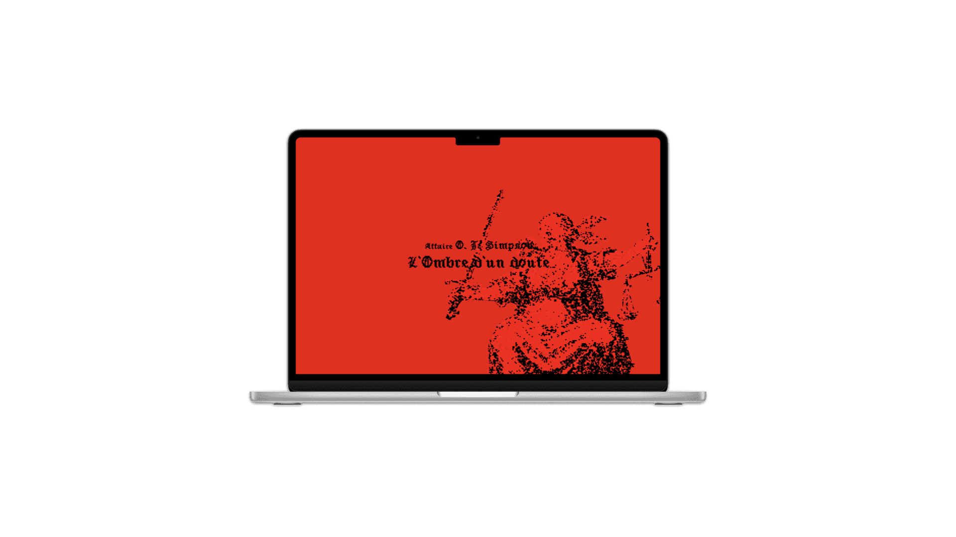 L'écran de l'ordinateur présente toujours l'image pixelisée de la justice, avec l'intrigant texte "L'Ombre d'un doute" et la silhouette en arrière-plan. Le fond rouge apporte un contraste fort et puissant, renforçant la notion de doute et d'incertitude qui se dégage du projet.