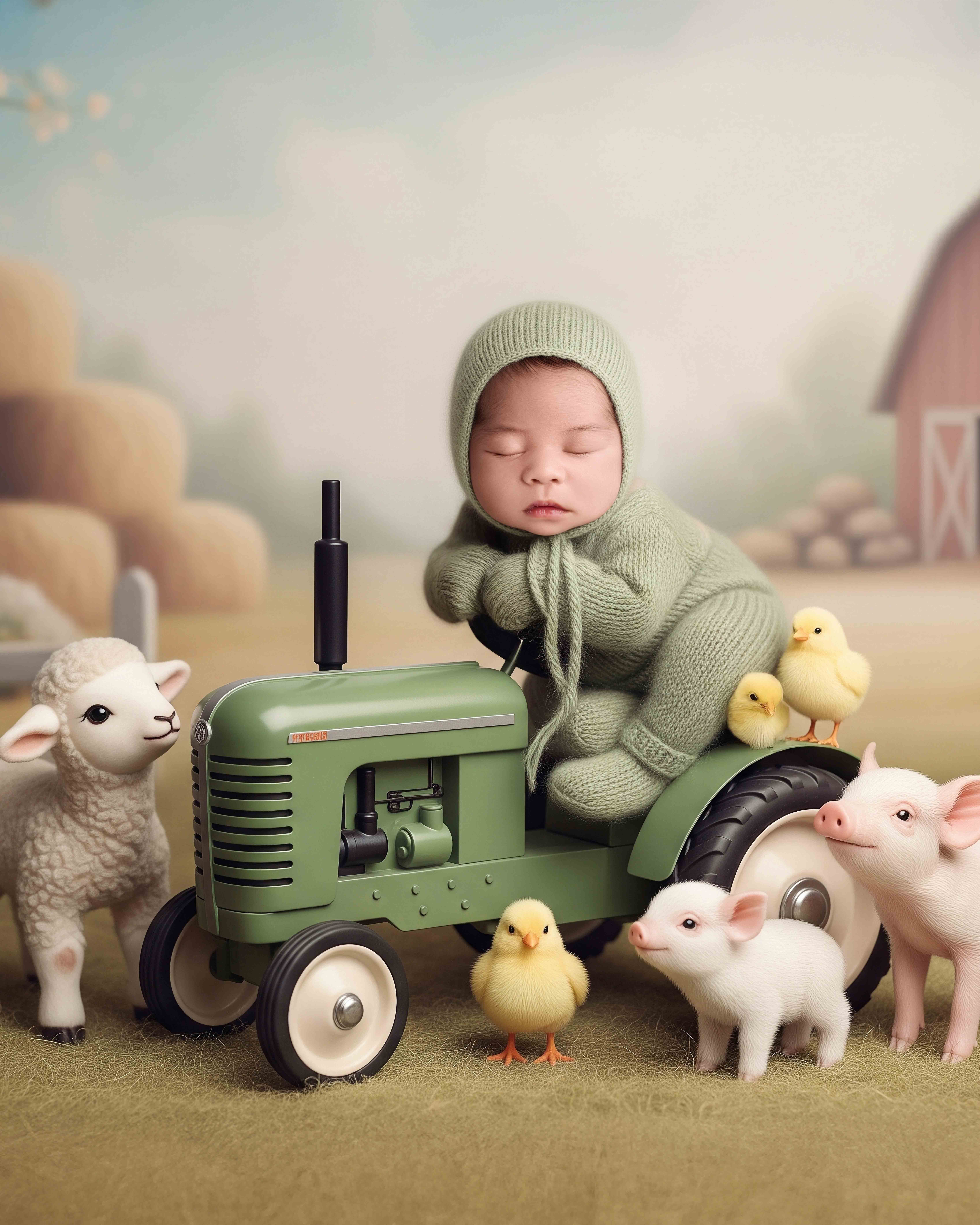 Newborn baby in farm-themed setup with miniature tractor and animals