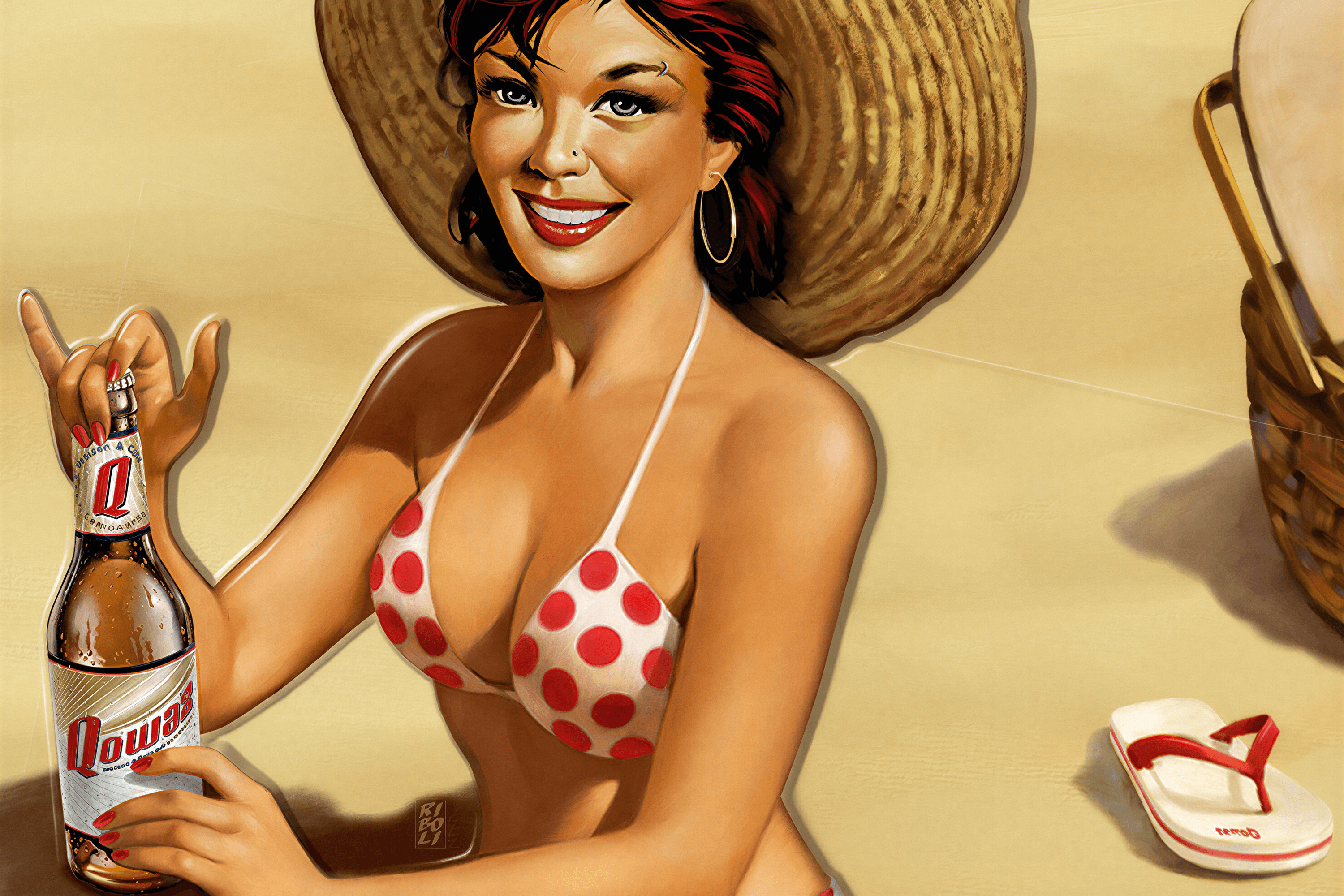 Woman in polka dot bikini holds beer bottle on beach.