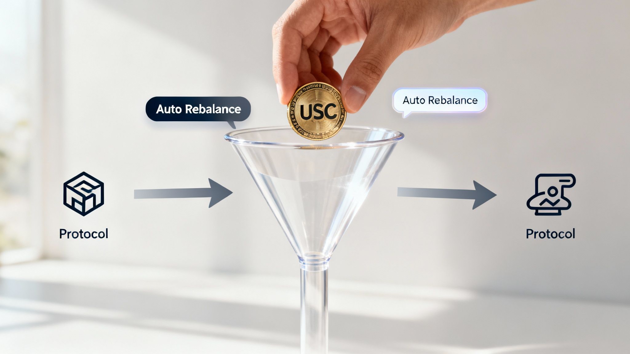 A hand drops a USC coin into a funnel, illustrating auto rebalancing between two protocols.