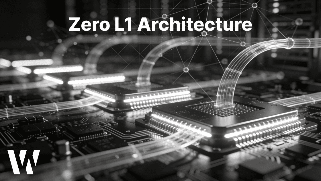Zero L1 blockchain architecture visualization showing multi-core processing with circuit boards, network nodes, and parallel data pathways in monochrome