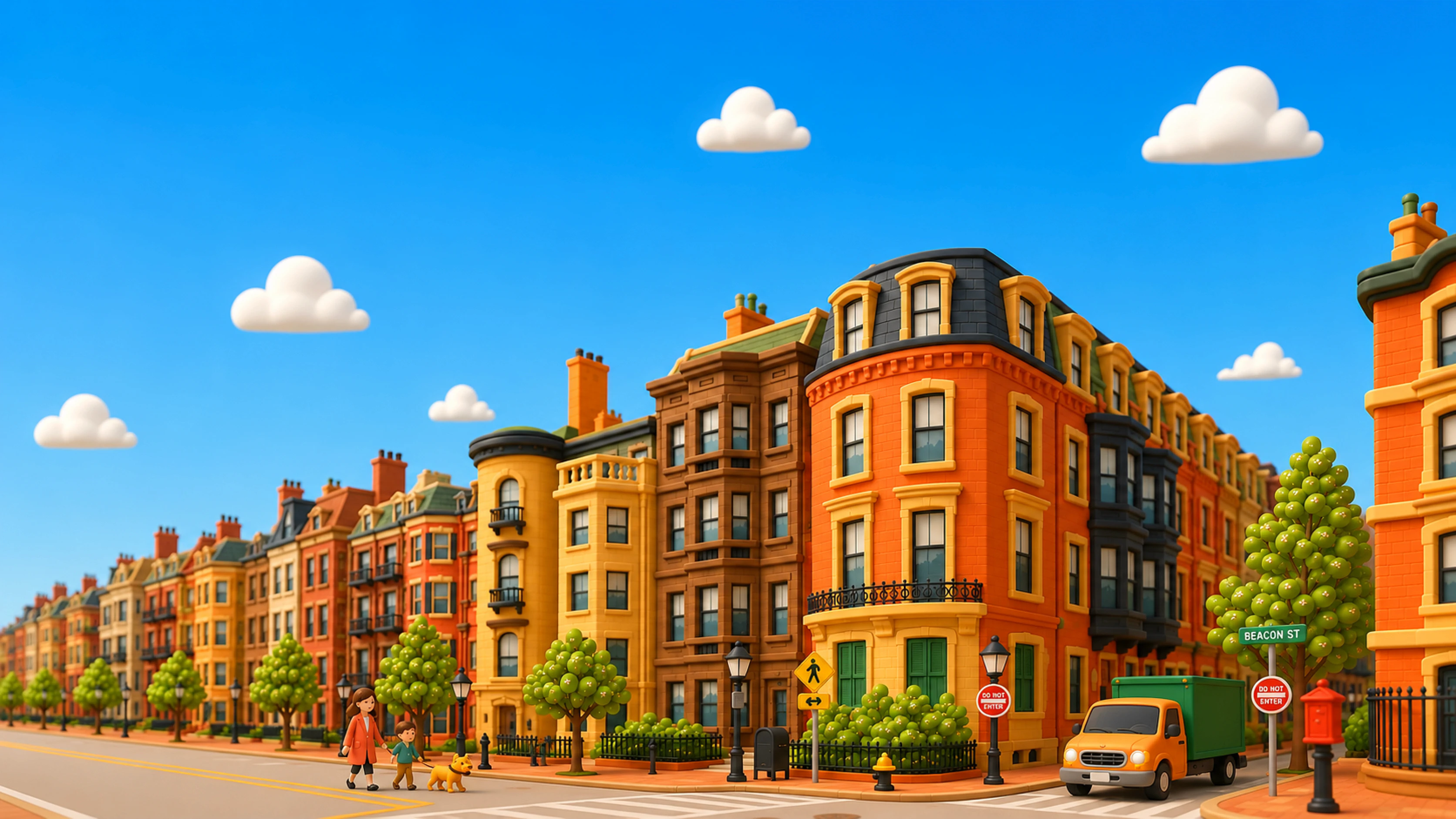 3D illustration of a colorful townhouse street with a green delivery truck.