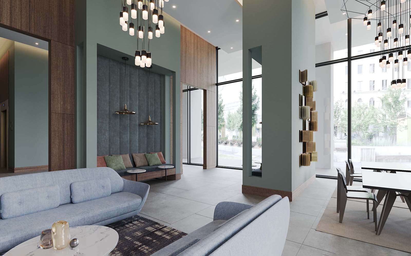 Stylish living room with large sliding glass doors, enhancing natural light and connecting to the outdoor space at Peninsula One.