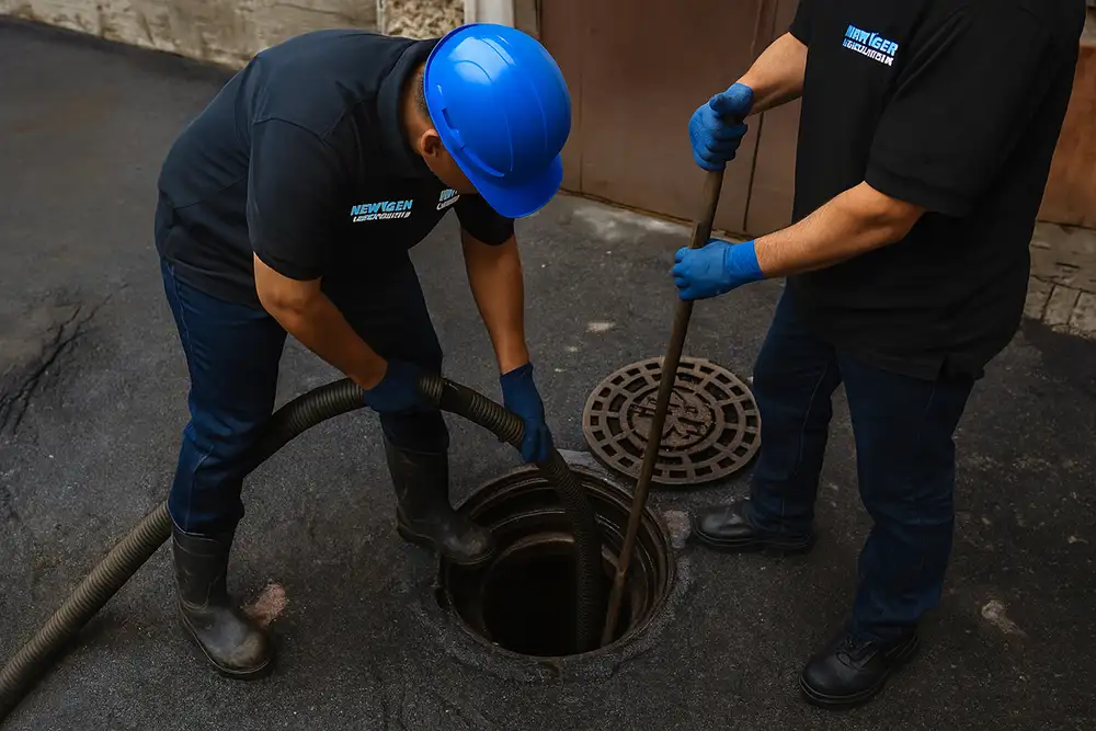 Two NewGen Restoration workers in branded uniforms performing sewage cleanup in San Diego by clearing an outdoor sewer line using vacuum and rod equipment.