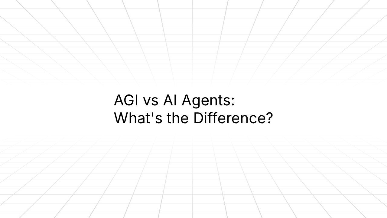 A minimalist slide with a light gray grid background in perspective and centered black text reading: ‘AGI vs AI Agents: What’s the Difference?