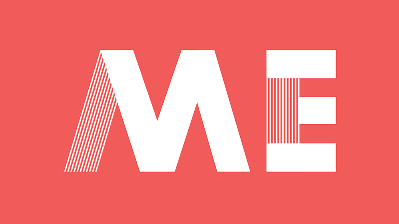 A white text logo on a red background with letters ME.