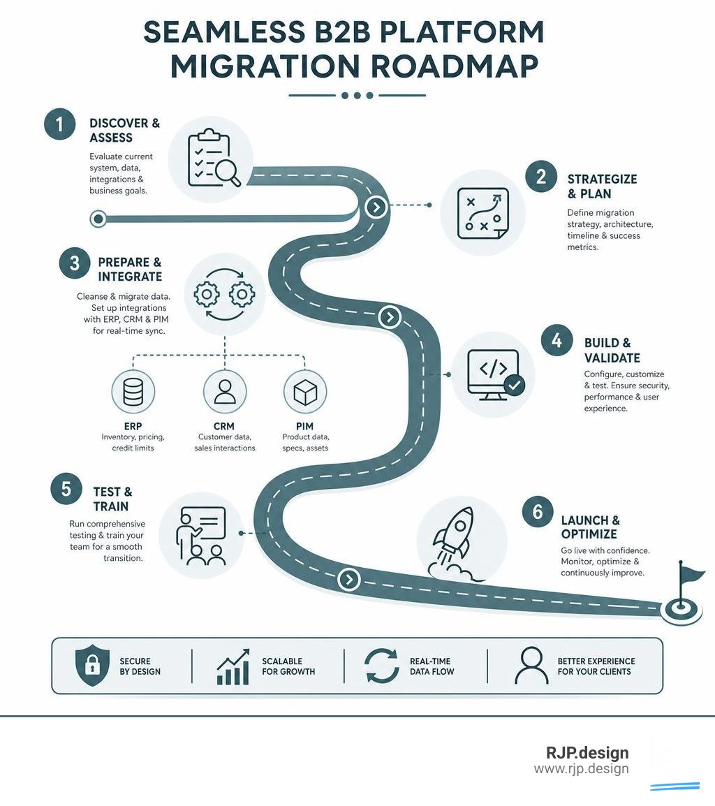 Seamless B2B platform migration roadmap diagram infographic