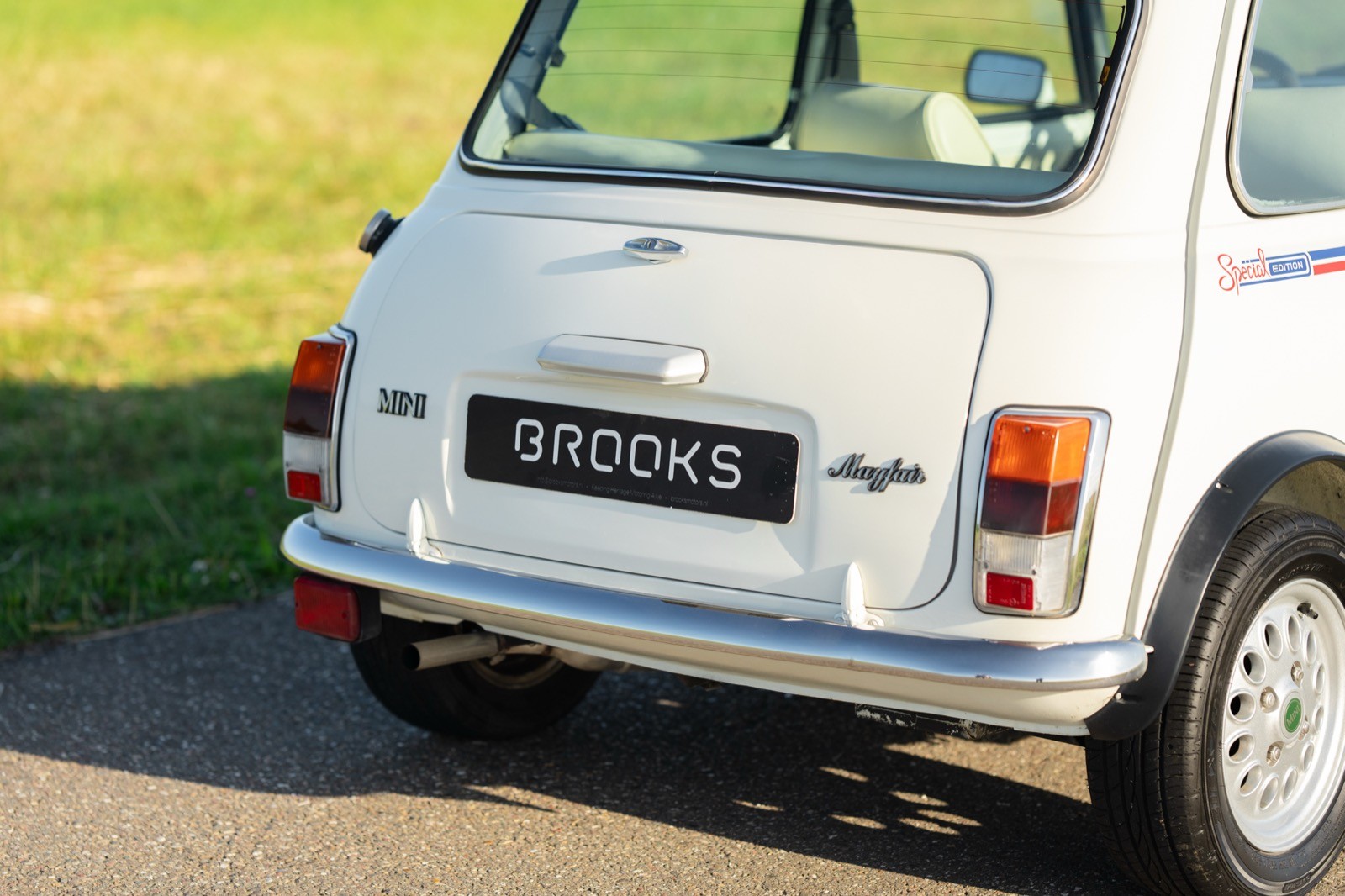 A close-up view of the rear of a white car parked on a grassy area, featuring a license plate.