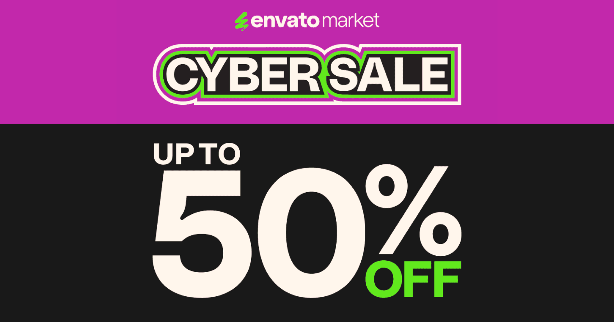 Envato Market Cyber Sale banner showing up to 50% off discount in bold black, white, and neon green typography on a bright purple and black background.