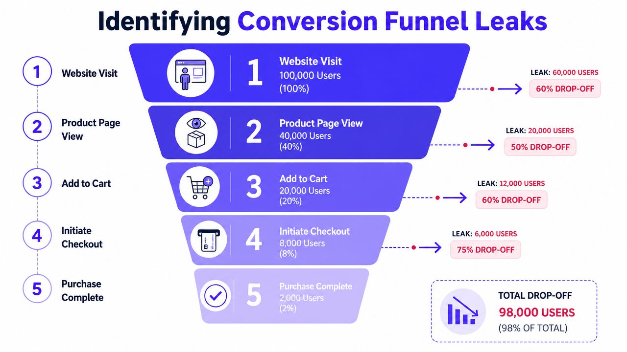 A funnel diagram illustrating customer journey stages and conversion leaks for an e-commerce website.