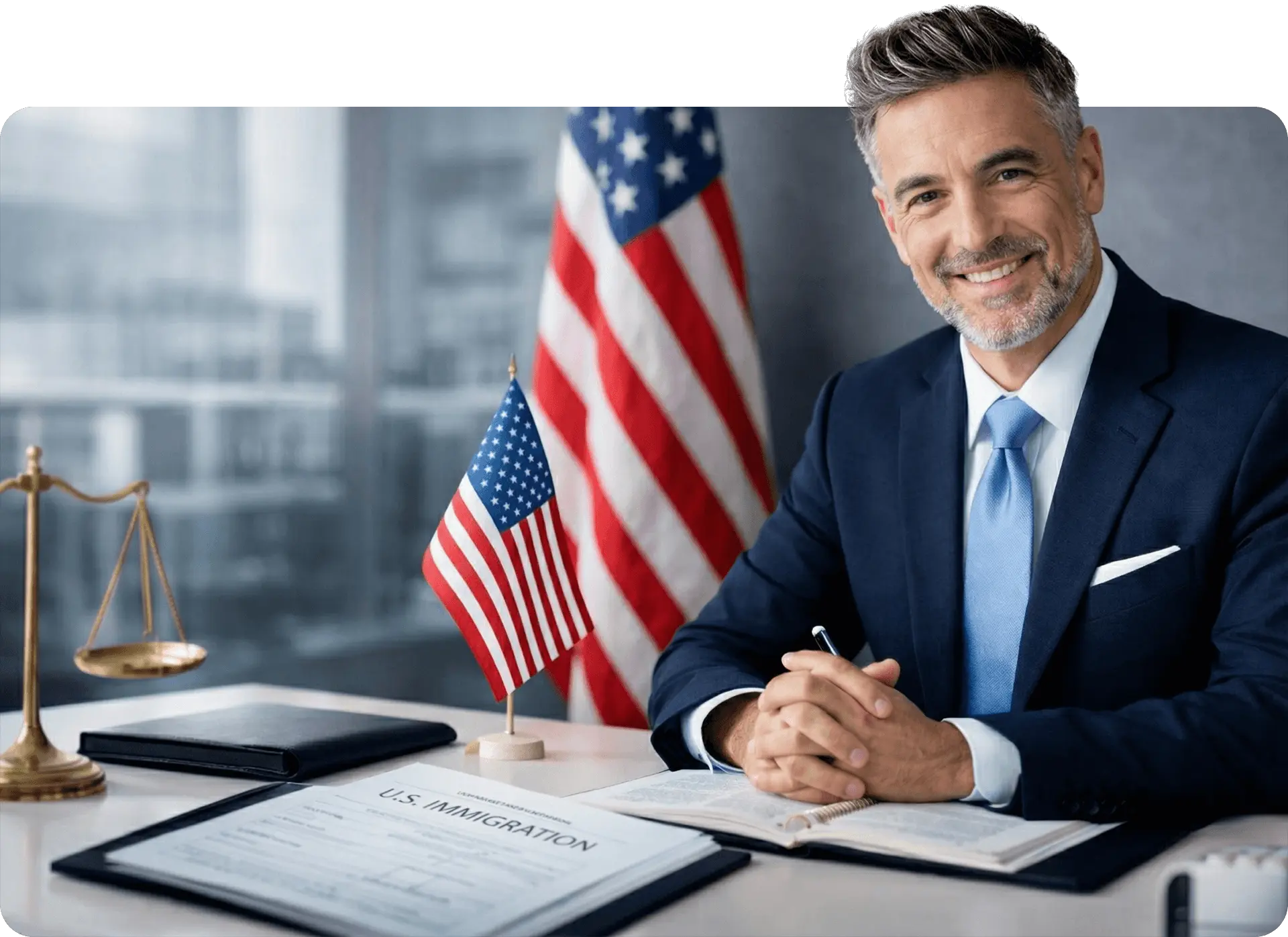 Immigration attorney providing bilingual guidance to an Israeli client on U.S. visa documents.