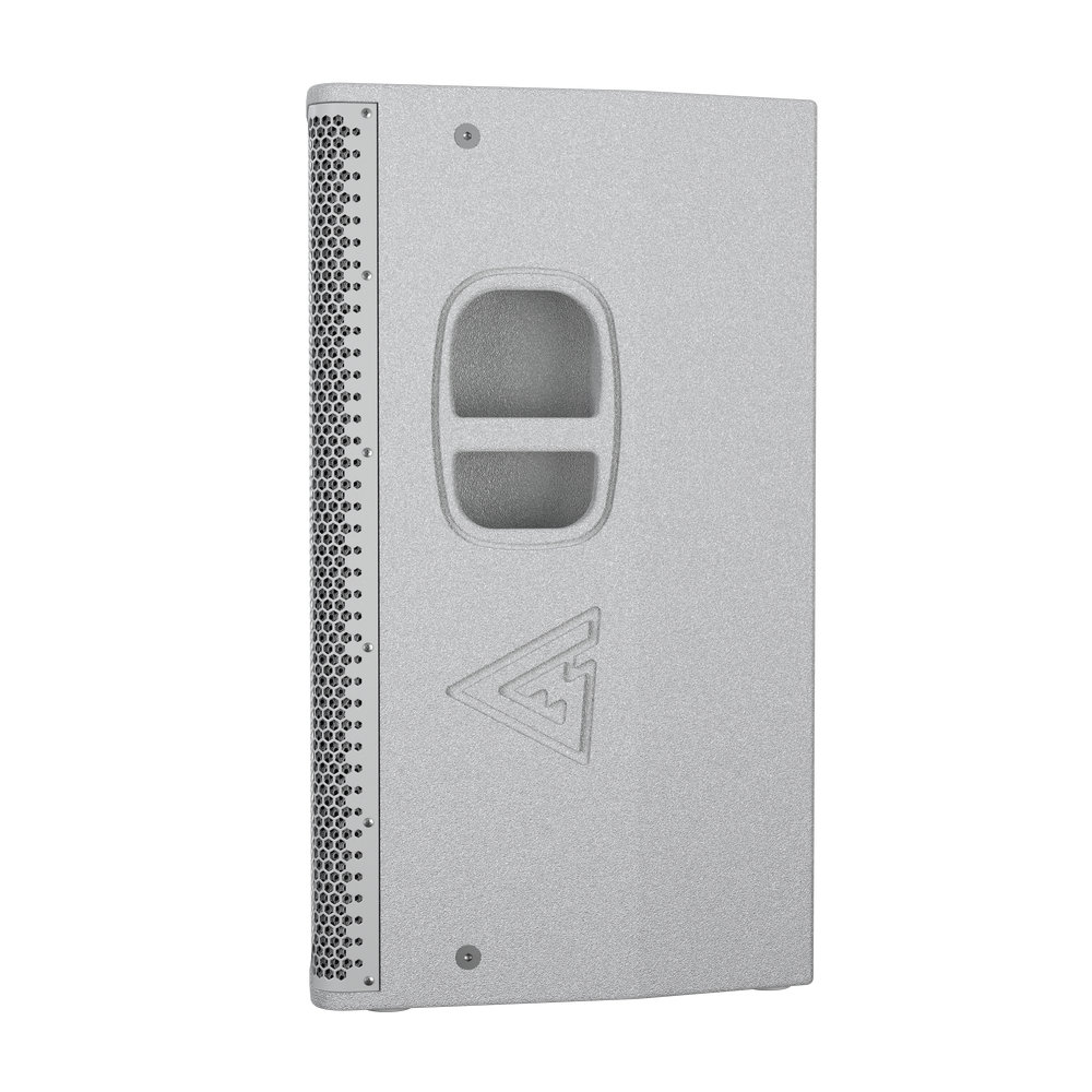 Silver speaker with handle and logo